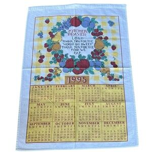 Vintage 1995 Kitchen Prayer Linen Tea Towel Calendar Yellow Gingham Fruit 16x22